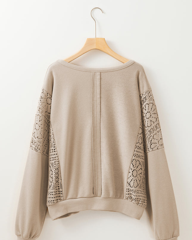 Parchment Knit Crochet Exposed Seam Ribbed Trim Sweatshirt