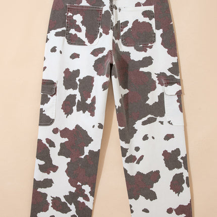 Brown Cow Spots Printed Multi Pocketed Jeans