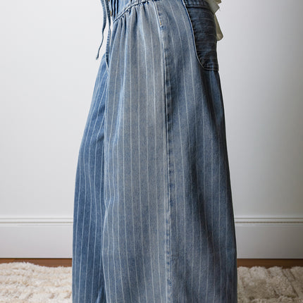 Sky Blue Stripe Button Pleated Drawstring Waist Casual Wide Leg Jeans