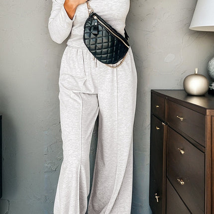 Light Grey Long Sleeve High Neck Slim Top Smocked Waist Central Seam Pants Set