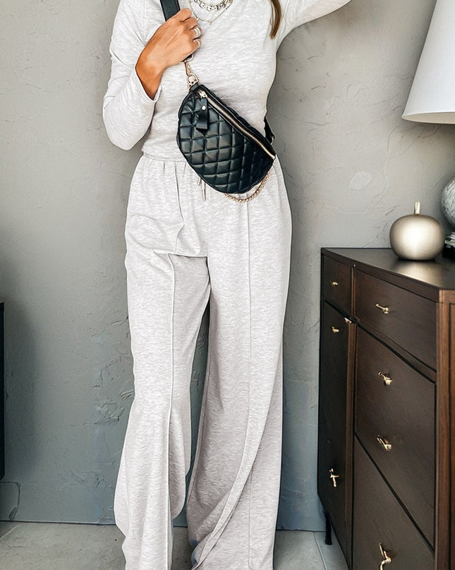 Light Grey Long Sleeve High Neck Slim Top Smocked Waist Central Seam Pants Set