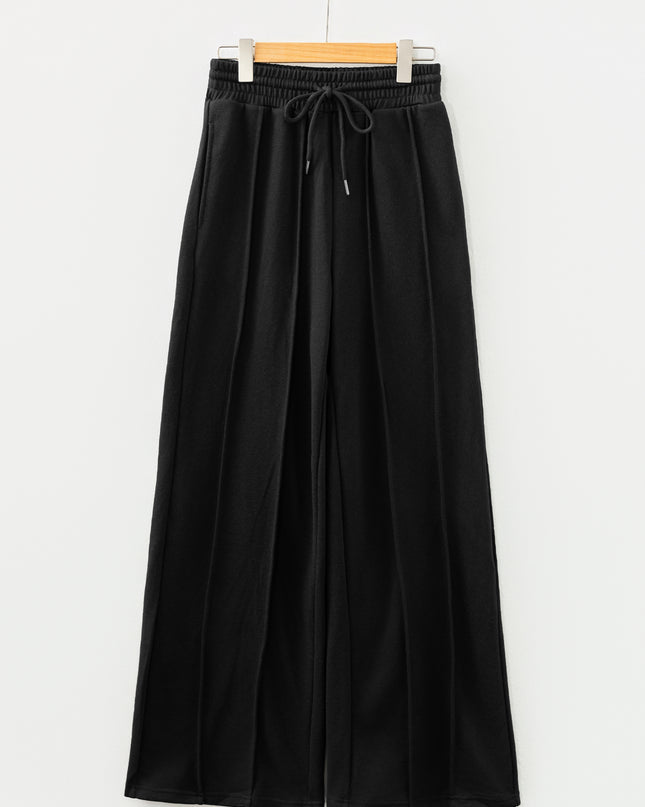Black Seamed Drawstring High Waist Wide Leg Sweatpants
