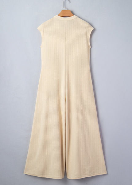 Jet Stream Half Buttons Ribbed Knit Wide Leg Jumpsuit