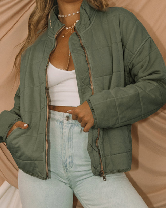 Green Zip-Up Pocket Quilted Jacket