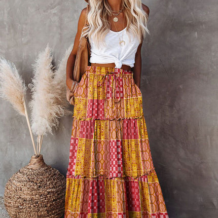 Purple Tiered Paisley Print Pocketed Maxi Skirt