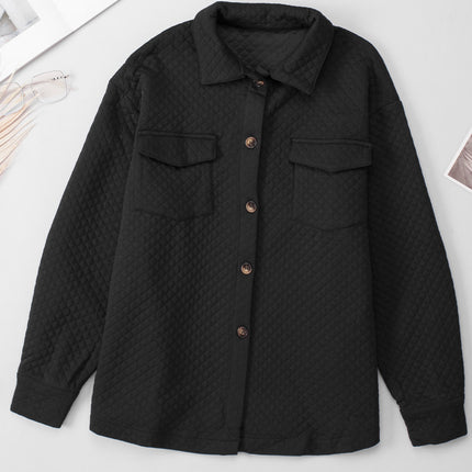 Black Retro Quilted Flap Pocket Button Shacket