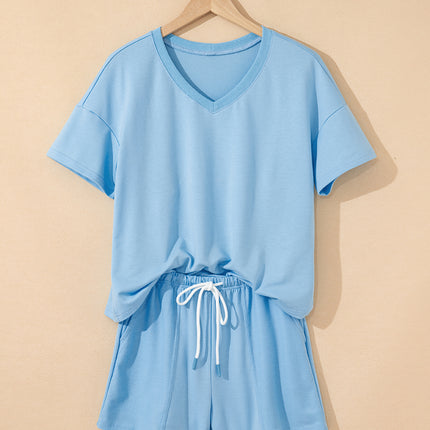 Mint Green V Neck Drop Shoulder Tee and Patchwork Drawstring Shorts Set