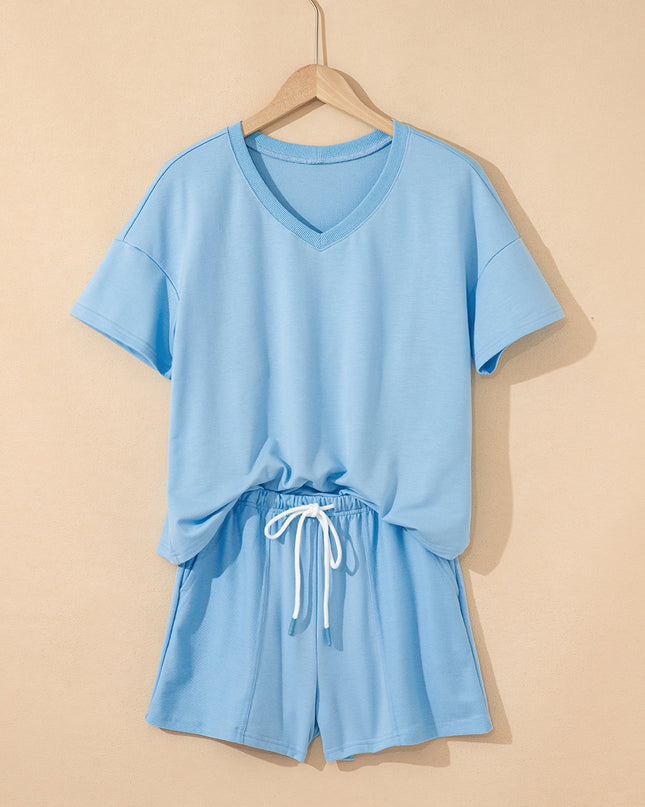 Mint Green V Neck Drop Shoulder Tee and Patchwork Drawstring Shorts Set