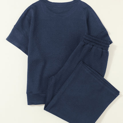 Black Textured Loose Fit T Shirt and Drawstring Pants Set