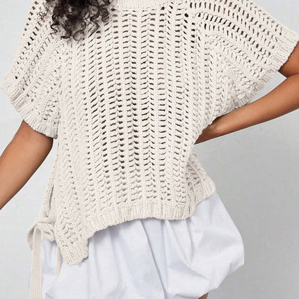 Apricot Plus Size Open Knit Bow Tie Short Sleeve Sweater