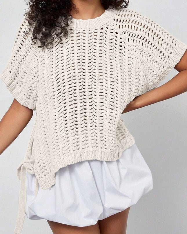 Apricot Plus Size Open Knit Bow Tie Short Sleeve Sweater