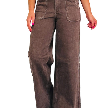 Dark Brown Retro Washed Patch Pocket Loose Jeans