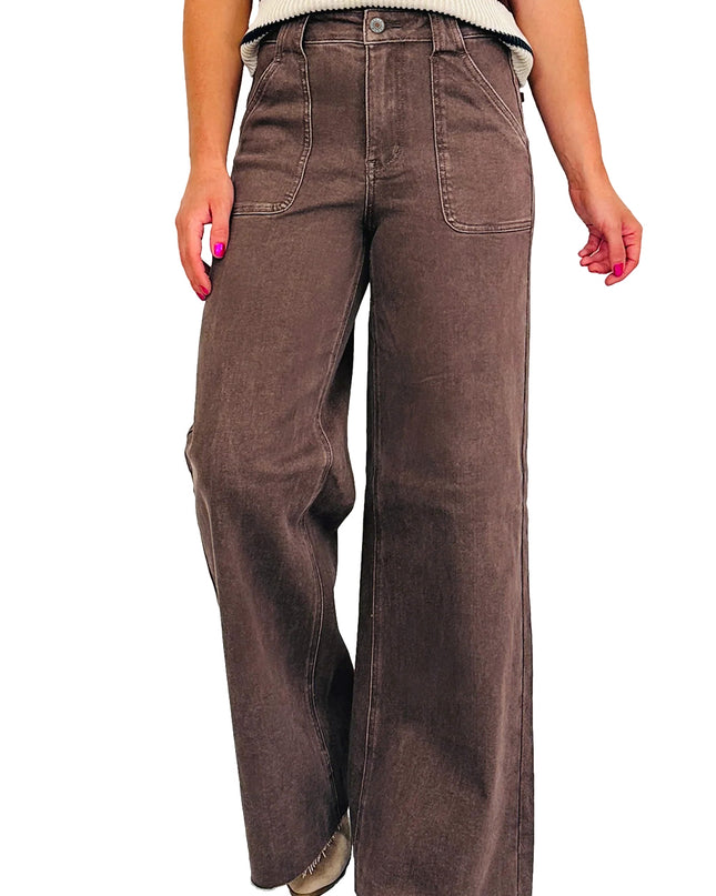 Dark Brown Retro Washed Patch Pocket Loose Jeans