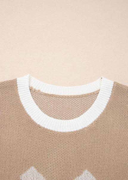 Goat Horse Shoe Pattern Contrast Trim Short Sleeve Sweater