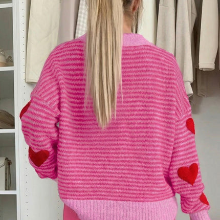 Gray Stripe Contrast Heart Pattern Valentine Knit Sweater