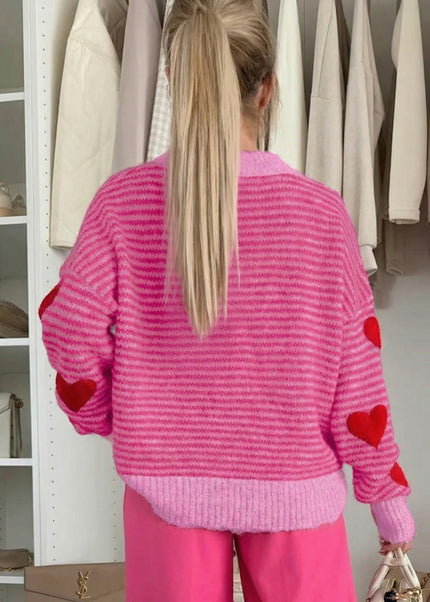 Gray Stripe Contrast Heart Pattern Valentine Knit Sweater