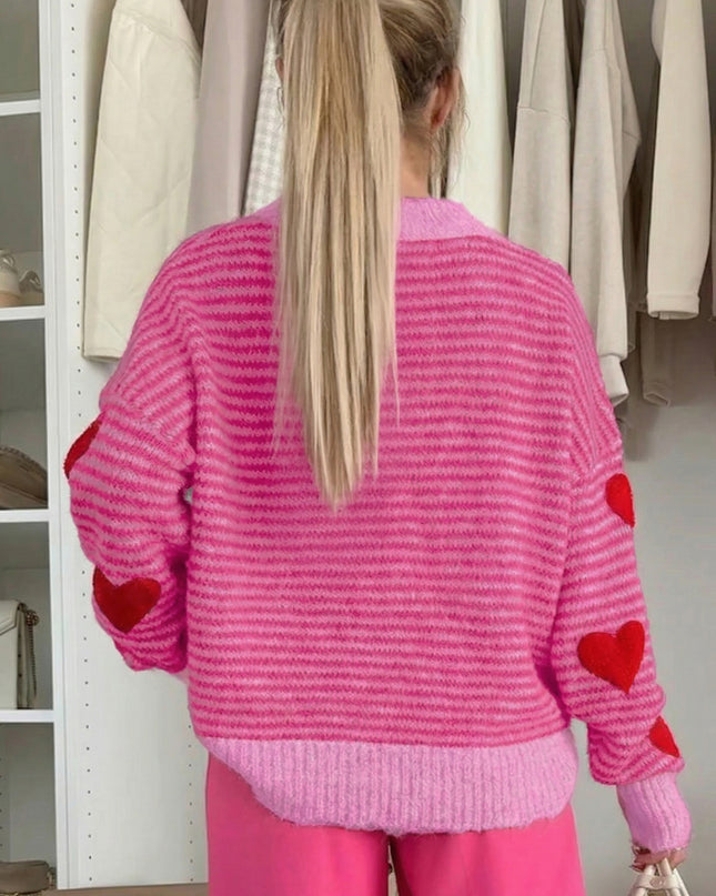 Gray Stripe Contrast Heart Pattern Valentine Knit Sweater