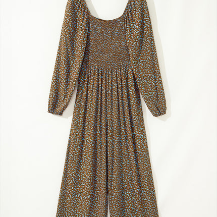 Brown Floral Print Western Smocked Bodice Square Neck Wide Leg Jumpsuit