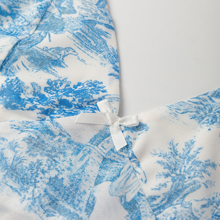 Sky Blue Random Printed Mesh Bow Detail Halterneck Tank Top
