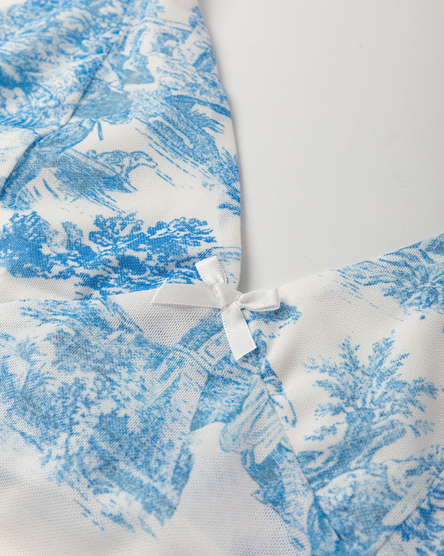 Sky Blue Random Printed Mesh Bow Detail Halterneck Tank Top