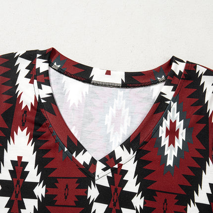Red Western Aztec Printed Long T-shirt Dress