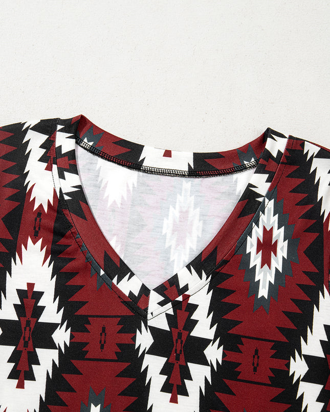 Red Western Aztec Printed Long T-shirt Dress