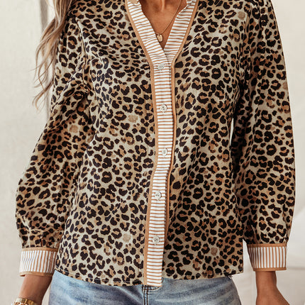 Khaki Contrast Striped Trim V Neck Leopard Shirt