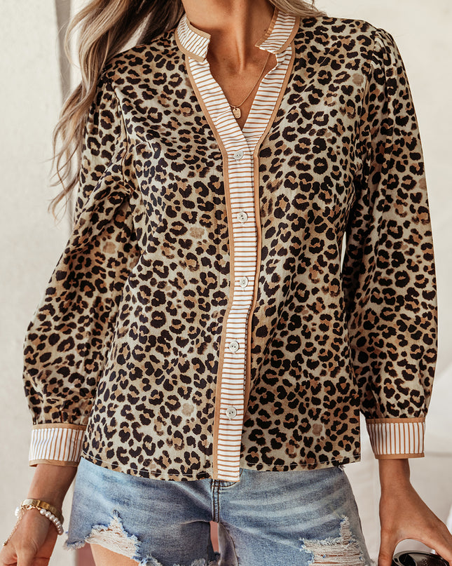 Khaki Contrast Striped Trim V Neck Leopard Shirt