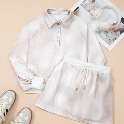 White Abstract Woodland Print Balloon Sleeve Pullover Drawstring Mini Skort Set
