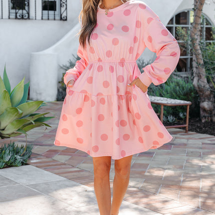 White Polka Dot Printed Long Sleeve Flared Mini Dress