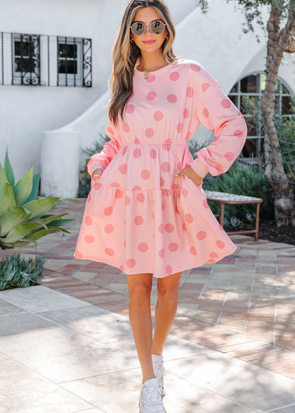 White Polka Dot Printed Long Sleeve Flared Mini Dress