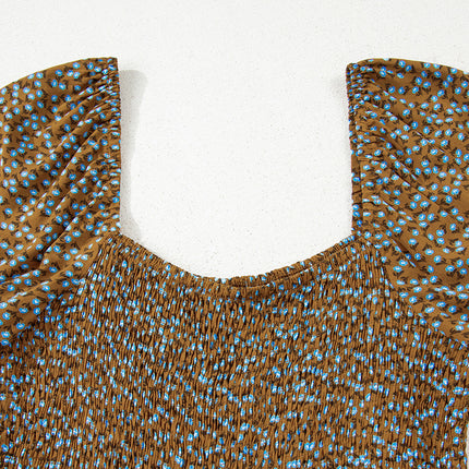 Brown Floral Print Western Smocked Bodice Square Neck Wide Leg Jumpsuit