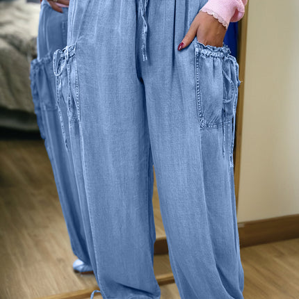 Beau Blue Drawstring Elastic Waist Pocketed Loose Denim Pants
