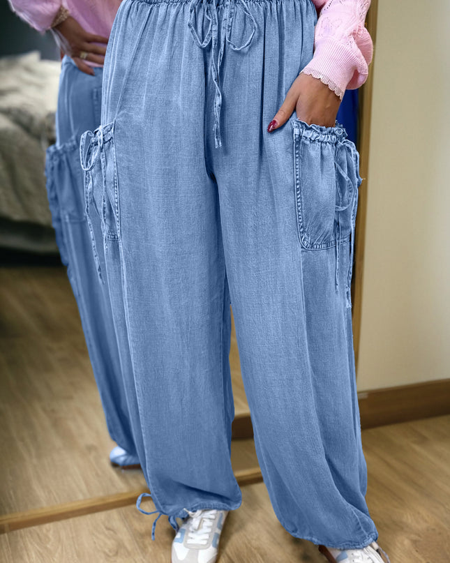Beau Blue Drawstring Elastic Waist Pocketed Loose Denim Pants
