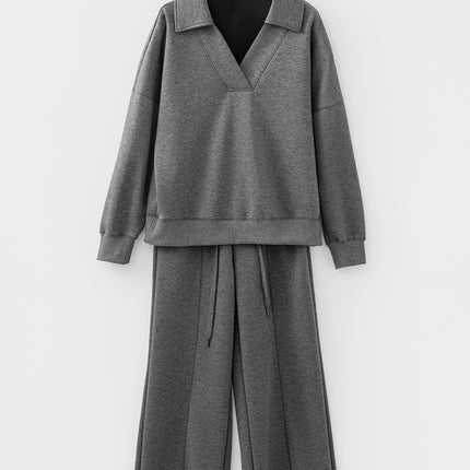 Medium Grey Collared V Neck Pullover Sweatshirt Sweatpants Set