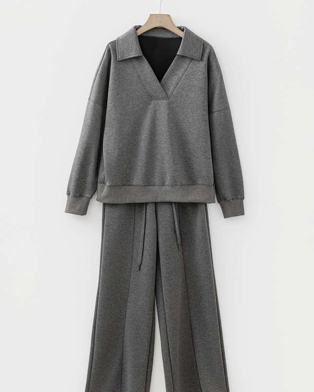 Medium Grey Collared V Neck Pullover Sweatshirt Sweatpants Set