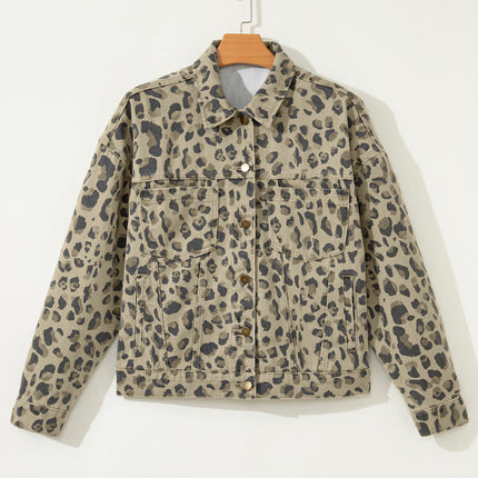 Khaki Retro Leopard Print Seam Detail Button Down Denim Jacket