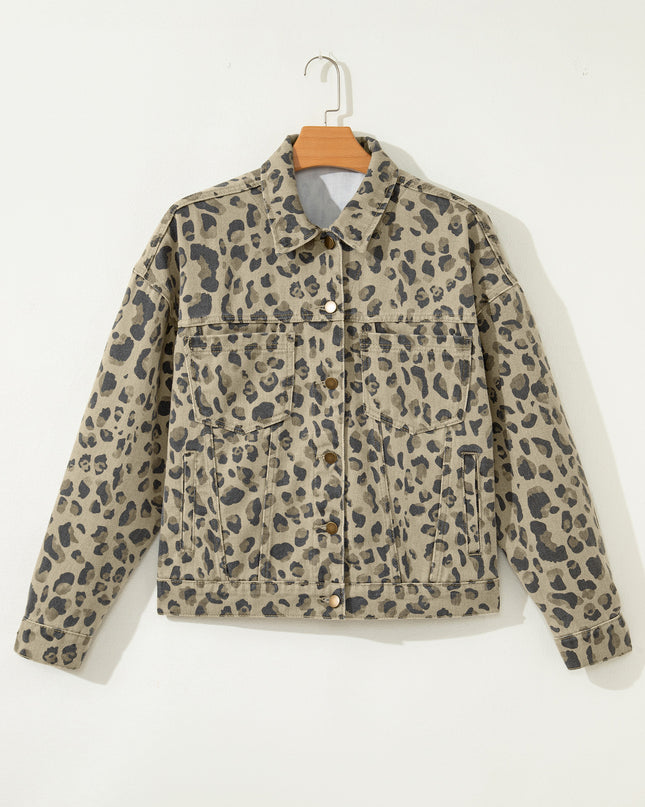 Khaki Retro Leopard Print Seam Detail Button Down Denim Jacket