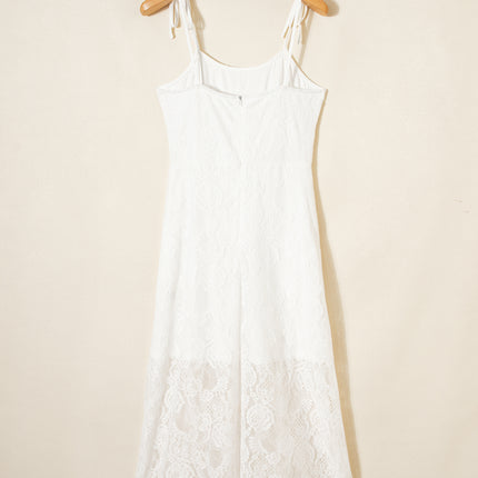 White Tie Spaghetti Straps Floral Lace Overlay Long Dress