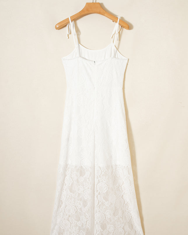 White Tie Spaghetti Straps Floral Lace Overlay Long Dress
