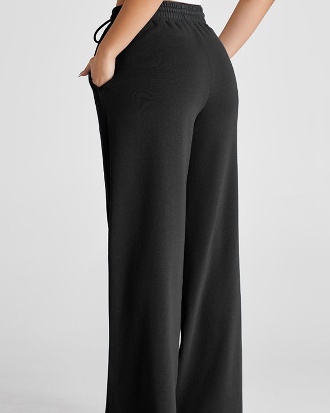 Black Seamed Drawstring High Waist Wide Leg Sweatpants