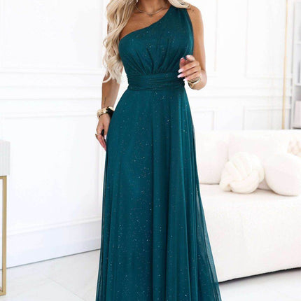 Bottle Green Glitter One-Shoulder Evening Dress