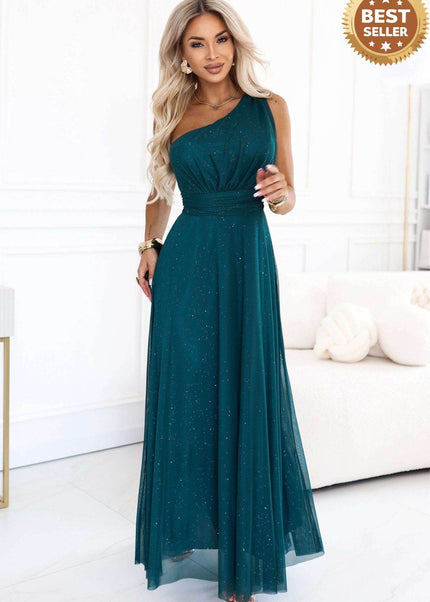 Bottle Green Glitter One-Shoulder Evening Dress