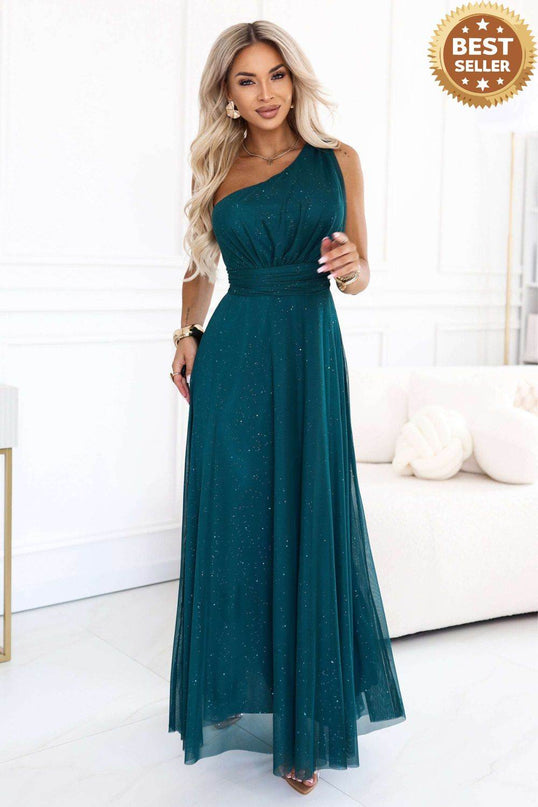 Bottle Green Glitter One-Shoulder Evening Dress