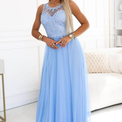 Baby Blue Embroidered Lace Tulle Maxi Dress