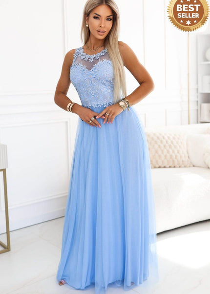 Baby Blue Embroidered Lace Tulle Maxi Dress