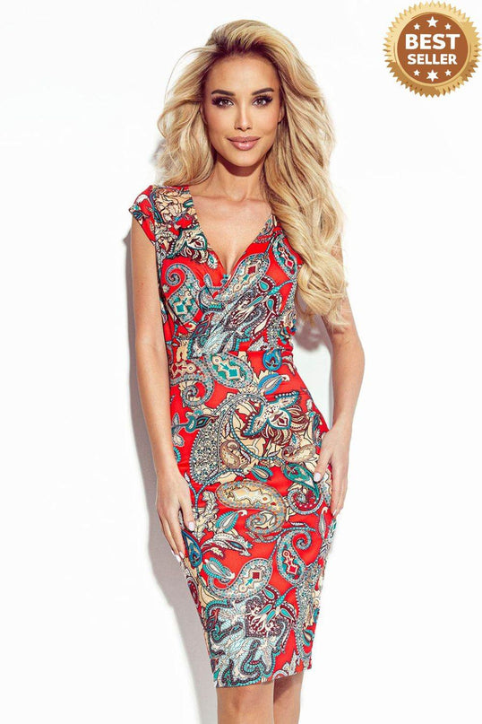 Red Fitted Dress with Envelope Neckline and Boho Pattern – Boyka