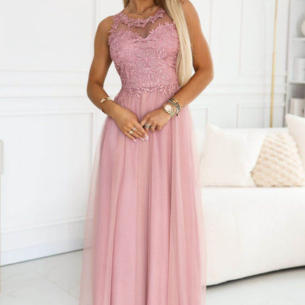 Powder Pink Embroidered Lace Tulle Maxi Dress