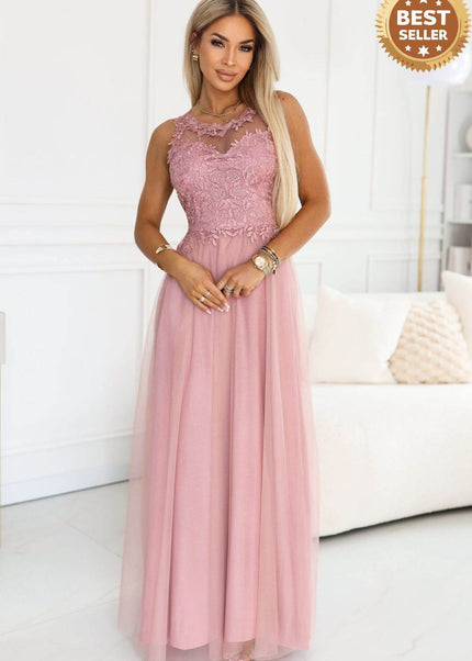 Powder Pink Embroidered Lace Tulle Maxi Dress