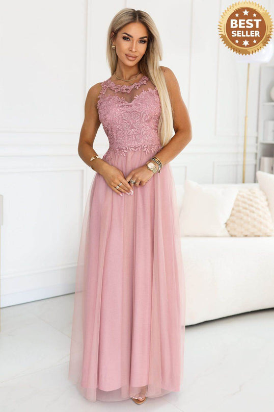 Powder Pink Embroidered Lace Tulle Maxi Dress